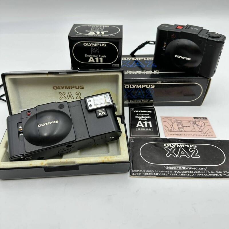 動作品 OLYMPUS オリンパス XA2+A11 & XA2 まとめて コンパクトフィルムカメラ ブラック 希少な元箱、ケース、説明書付 中古品 現状品