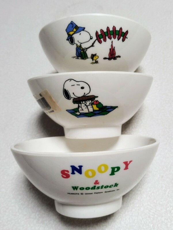 即決！未使用*SNOOPY*スヌーピー*ウッドストック*食器*茶碗*メラミン茶碗*キッチン*子供用*キッズ*3個セット*キャラクター*ヴィンテージ*