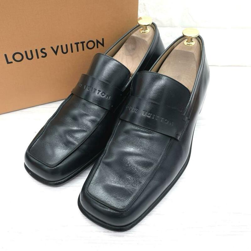 美品 Louis Vuitton ルイヴィトン ローファー 革靴 ロゴ型押し レザー 本革 メンズ 7サイズ 26.0cm ビジネス 仕事 通勤 オフィス ネイビー