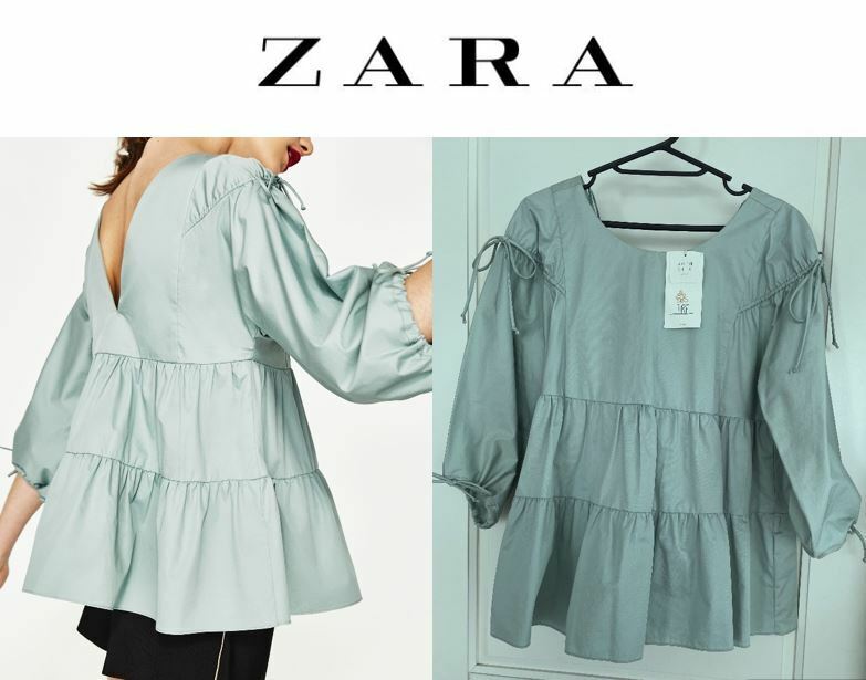 【タグ付き】ZARA TRF ザラ ティアード トップス Mサイズ グリーン 七分袖丈 コットン