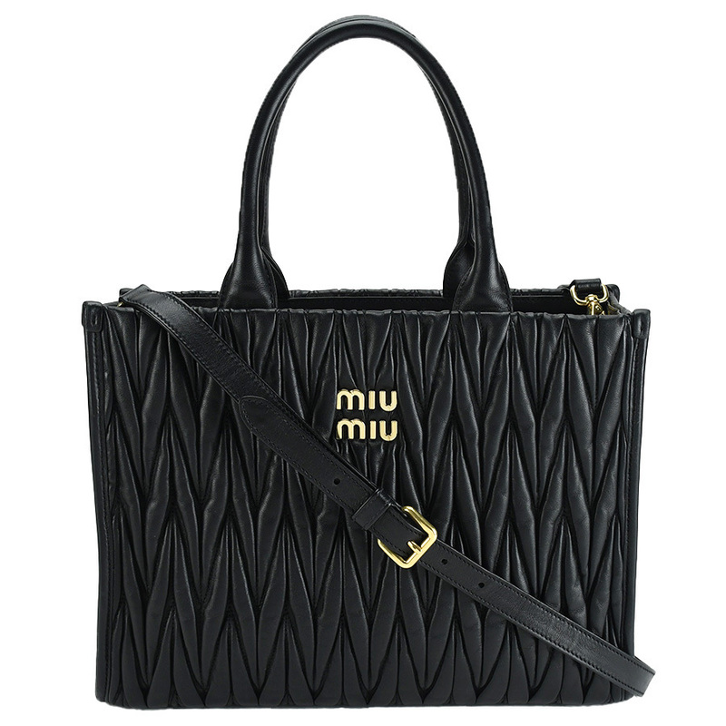 ミュウミュウ MIUMIU マテラッセ トートバッグ 5BG258 ハンドバッグ 2way ショルダー ブラック 黒 ゴールド金具 レザー レディース 中古