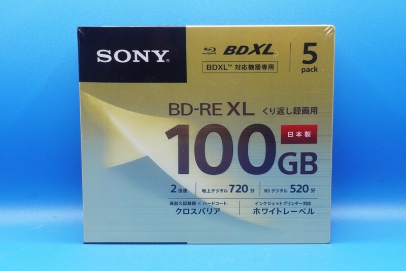 くり返し録画用ブルーレイディスク BD-RE XL ソニー SONY 100GB 720分 2倍速 5枚パック 5BNE3VCPS2 1セット 未使用,未開封品