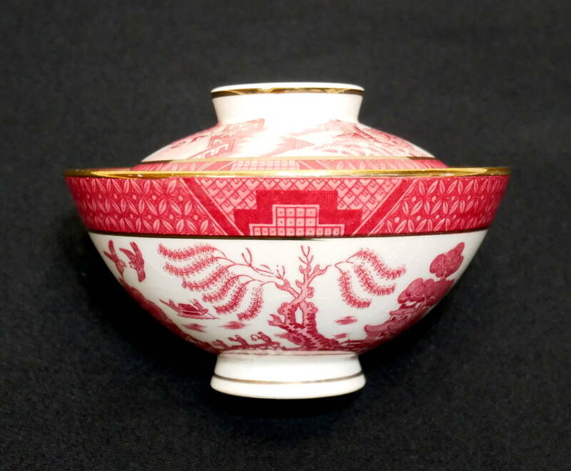 ▲(R605-H54) NIKKO ニッコー DOUBLE PHOENIX ダブルフェニックス ピンク 赤 金彩 蓋付き茶碗 陶器 直径約11cm×高さ約5.5cm
