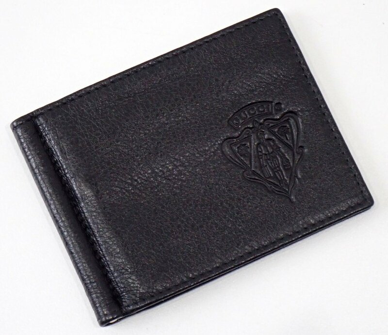 美品 グッチ 190424 型押しロゴ マネークリップ カードケース 札入れ ブラック 財布 レザー グッチシマ メンズ