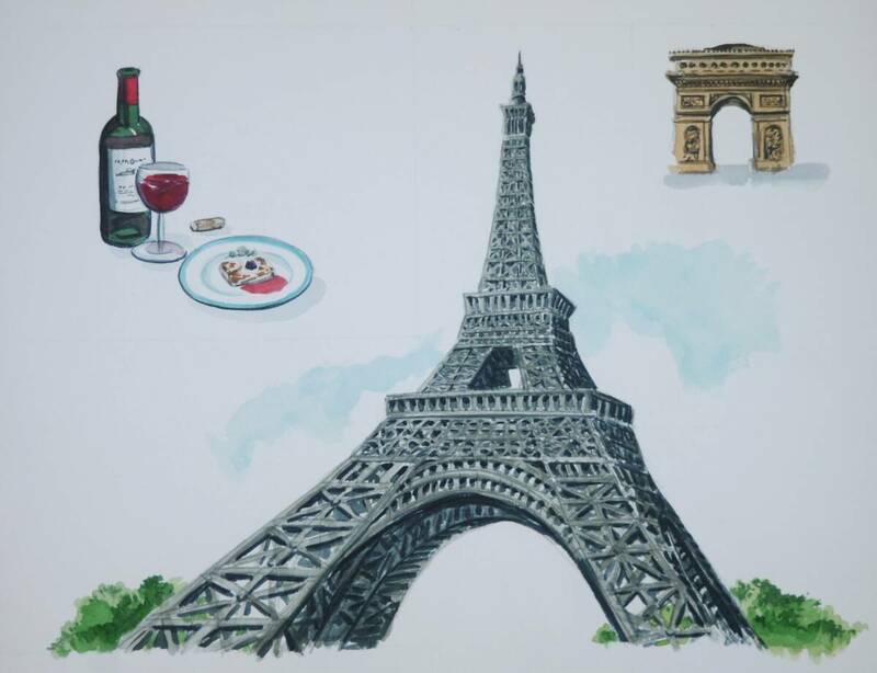 「真作」本山賢司　エッフェル塔　凱旋門　ワイン　挿絵の原画　本物でございます。