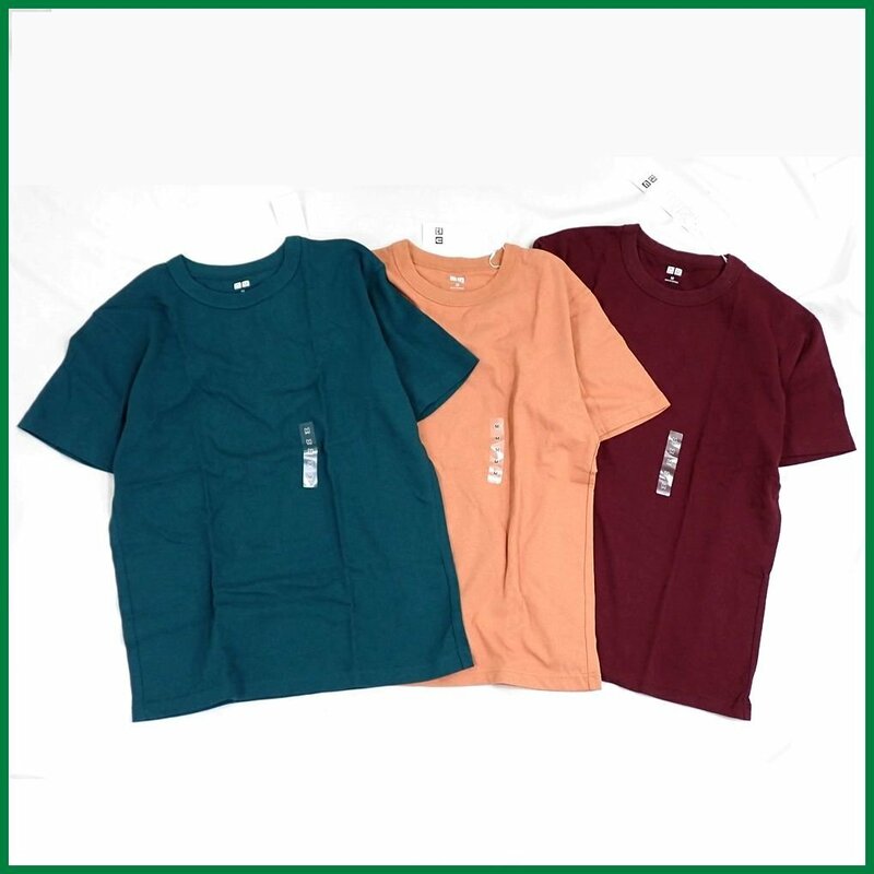 ★未使用 UniqloU/ユニクロユー 半袖 クルーネックTシャツ 3着 メンズM/グリーン/オレンジ/ワイン/419571/コットン100%/タグ付&1895700669