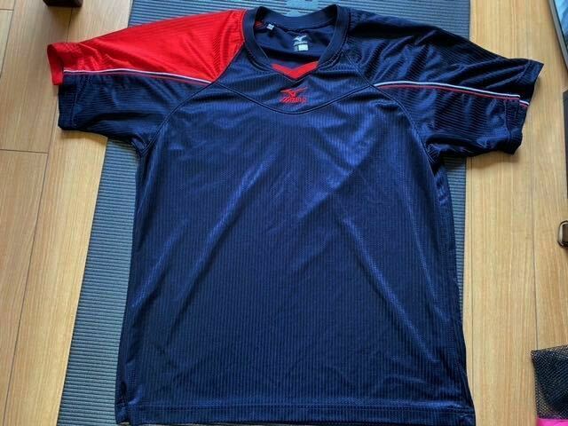 MIZUNO ミズノ　トレーニング半袖ドライTシャツ　バックプリント　紺×赤　メンズO サイズ　ＸＬ 野球 