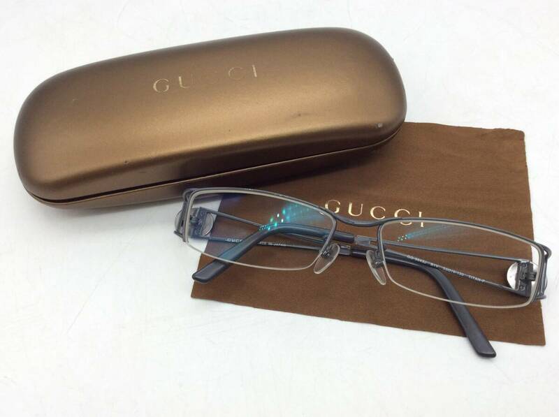 #3753 GUCCI グッチ 眼鏡 メガネ 度入り フレーム 9643J グレー クレスト 騎士 紋章 スクウェア ケース付き 中古 現状品