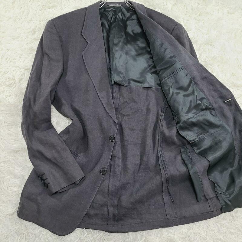 エンポリオアルマーニ テーラードジャケット リネン シルク 麻 絹 M イタリア製　背抜き グレー系 EMPORIO ARMANI