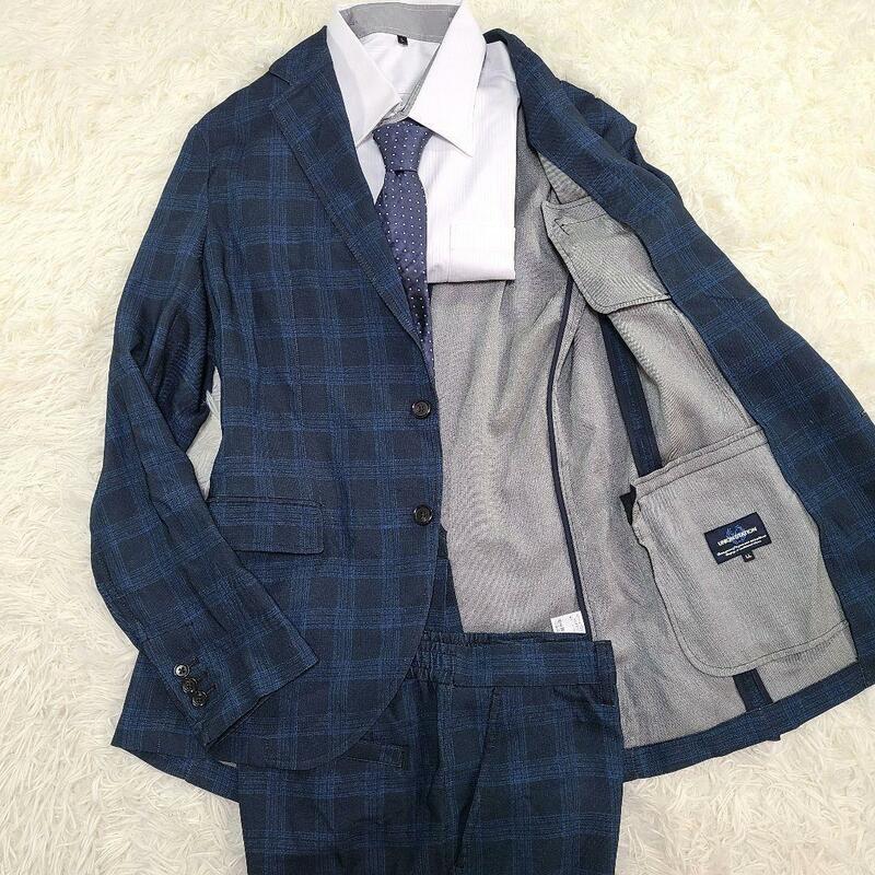 メンズビギ スーツ セットアップ チェック XL アンコン サマー 春夏 洗える ウォッシャブル ネイビー 紺色 ユニオンステーション MEN'S 