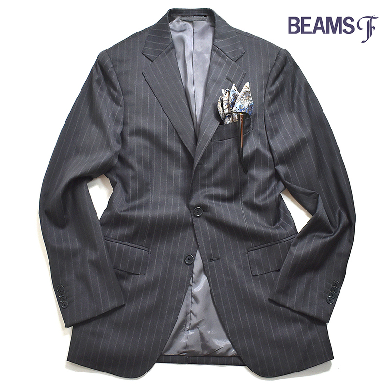 [定価６万] BEAMS F / ビームスエフ 万能◎ ストライプ テーラードジャケット 44 メンズS 黒 ブラック 日本製 ブリッラ