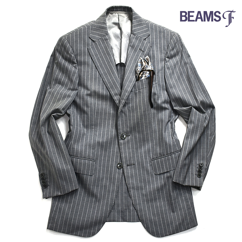 [定価５万] BEAMS F / ビームスエフ 大人の魅力漂う ストライプ テーラードジャケット 44 メンズS グレー ブリッラ ブレザー 春夏