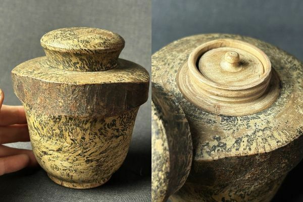 無垢 刳り貫き 木製 茶入 高さ12cm 直径10.2cm◇煎茶道具/茶器/茶筒/棗/茶心壷/茶壺/木工芸/彫刻/時代/骨董/古美術/古民具/茶器/茶事