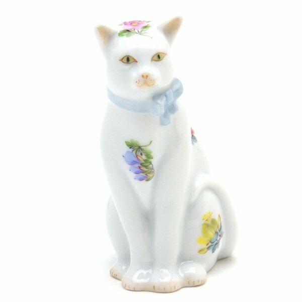ヘレンド リボンを付けた猫(M) ミルフルール ハンドペインティング 磁器 フィギュリン ねこ置物 飾り物 キャット ハンガリー製 新品 Herend