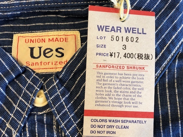 新品 未使用 タグ付 セール UES ウエス インディゴ ワークシャツ 501602 ストライプ INDIGO アメカジ MADE IN JAPAN ネイビーブルー 長袖