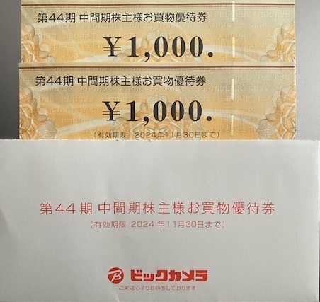 ★ビックカメラ★株主優待券★2000円分（＝1000円×2）★2024年11月30日まで