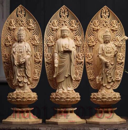 在庫わずか 仏教美術 精密彫刻 仏像 手彫り 阿弥陀如来三尊立像 高さ約43cm