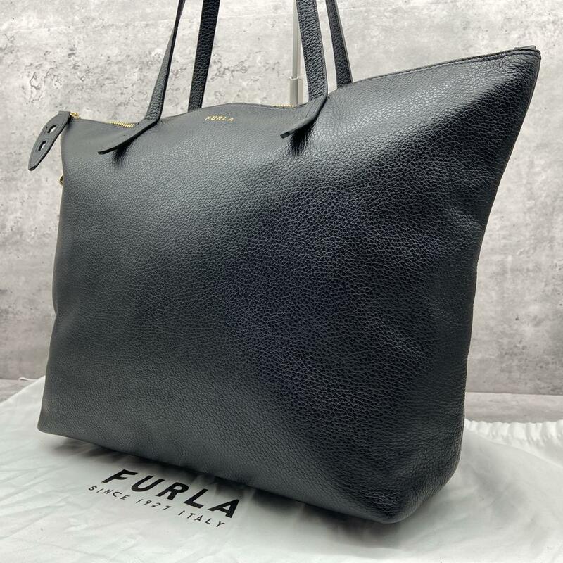 A4収納可/極美品/現行●FULRA フルラ メンズ ビジネス トートバッグ ハンドバッグ レザー 本革 シボ ジップ　大容量 通勤 肩掛け ブラック