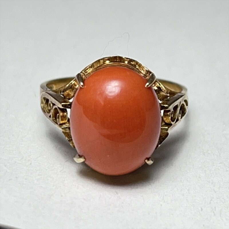 ◆ 赤珊瑚 コーラル K18 ダイヤ装飾 リング 指輪 総重量3.4g 日本サイズ12号 ◆