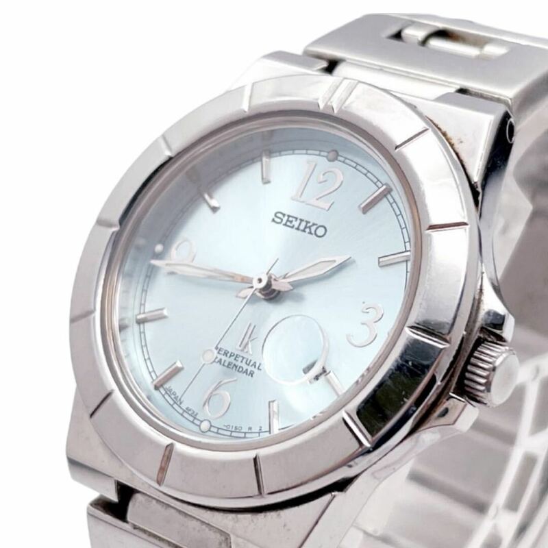 【美品】SEIKO セイコー LUKIA ルキア 4F32-0130 パーペチュアルカレンダー クォーツ QZ 3針 デイト 腕時計 水色文字盤 純正ベルト