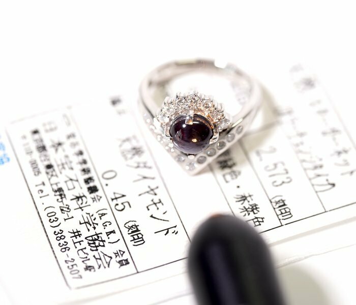 W-55☆Pt900 カラーチェンジスターガーネット2.573ct/ダイヤモンド0.45ct リング 日本宝石科学協会ソーティング付き