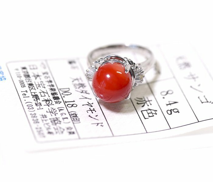 Z-42☆Pt900 赤サンゴ/ダイヤモンド0.18ct リング 日本宝石科学協会ソーティング付き