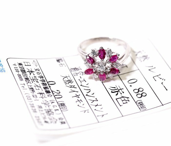 Y-8☆Pt900 ルビー0.88ct/ダイヤモンド0.20ct リング 日本宝石科学協会ソーティング付き