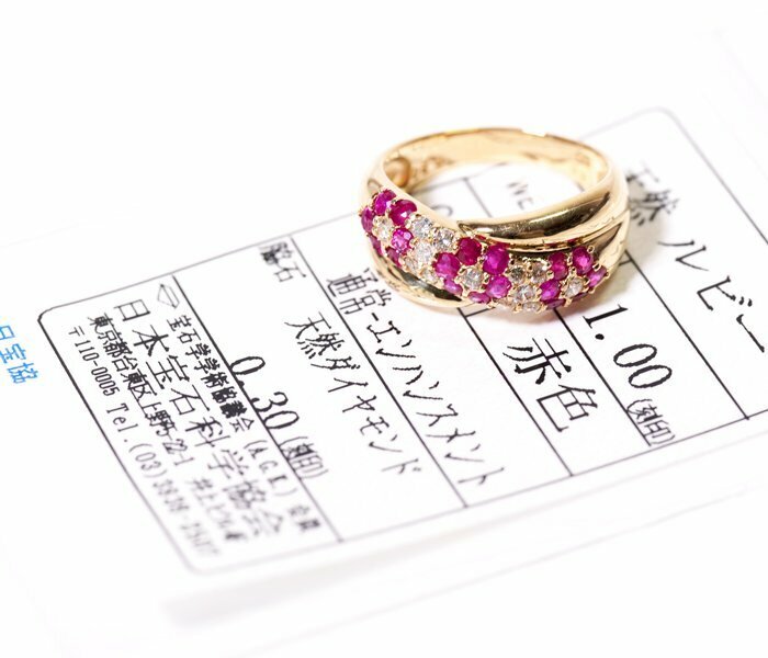 Y-6☆K18 ルビー1.00ct/ダイヤモンド0.30ct リング 日本宝石科学協会ソーティング付き