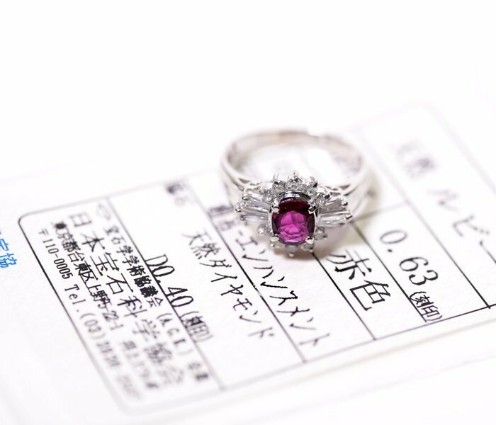 Y-34☆Pt850 ルビー0.63ct/ダイヤモンド0.40ct リング 日本宝石科学協会ソーティング付き