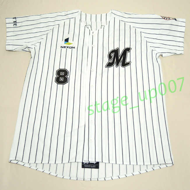 NPB 千葉ロッテマリーンズ／デサント製 ホーム ストライプユニフォーム-＃8/今江敏晃/sizeL-（美品）／管KBCQ