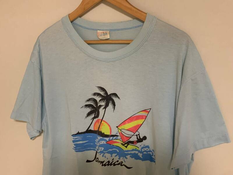 80's FUN TOPS JAMAICA Tシャツ 水色 XLサイズ ジャマイカ製 レゲエ ビンテージ VINTAGE ヴィンテージ アメカジ 古着 USED USA アメリカ