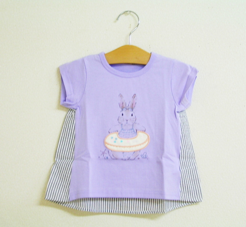 ★新品100cm★La poche biscuit 異素材半袖Tシャツ (ラベンダー) ラポシェビスキュイ