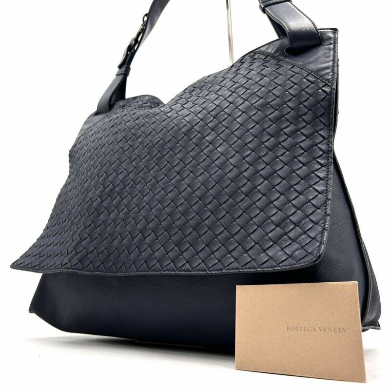 1円《 希少色・美品 》BOTTEGA VENETA ボッテガヴェネタ ショルダーバッグ メンズ イントレチャート カーフレザー フラップ 斜め掛け 紺色