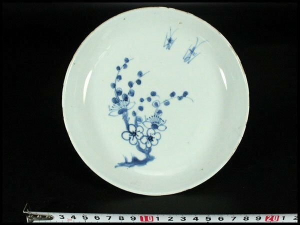 【金閣】中国美術 青花 梅花鳥紋 皿 明 φ17cm 旧家蔵出(LC86)