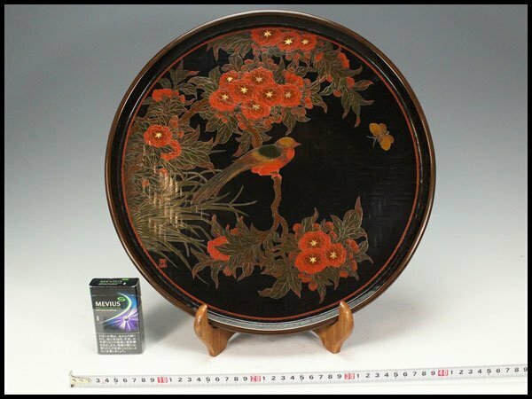 【金閣】中国美術 漆器 花鳥 円盆 煎茶盆 φ39.5cm 旧家蔵出(RC818)