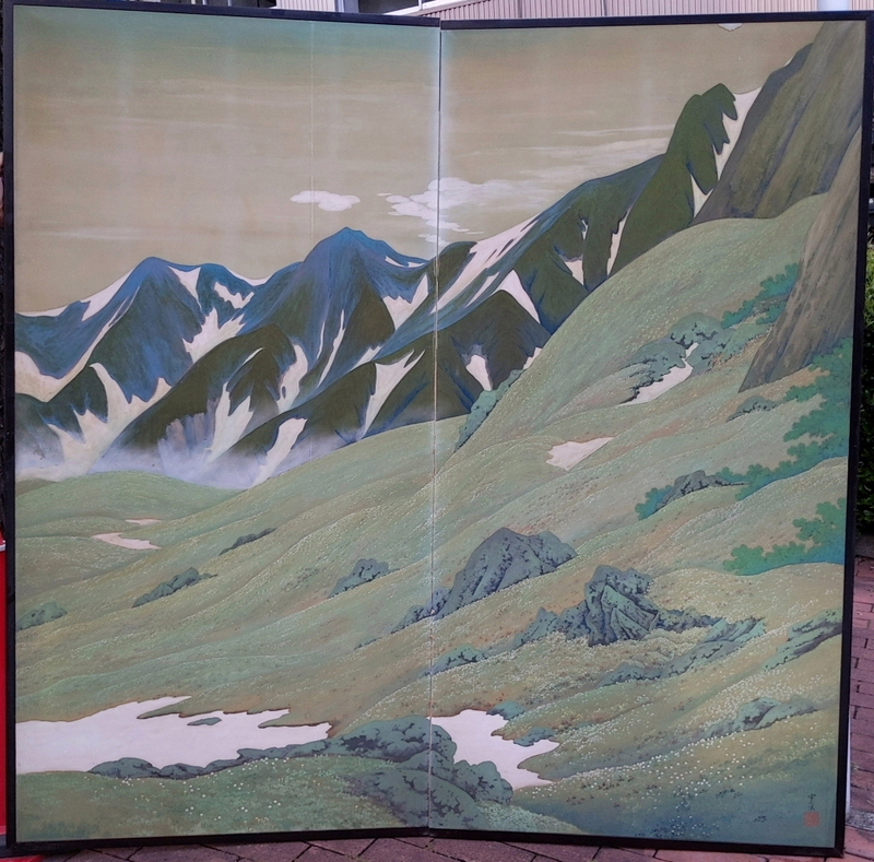 《真作》不詳 寛海 日本画 二曲屏風『仮題 春の山岳風景』署名,落款