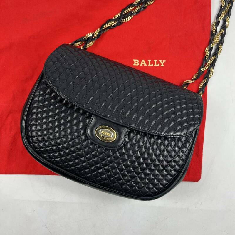 1円〜【美品】 BALLY バリー ショルダーバッグ キルティング チェーン ブラック 黒 レザー 斜め掛け メンズ レディース クロスボディ 鞄