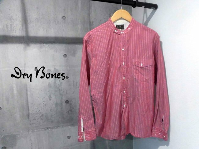 Dry Bones ドライボーンズ DRYBONES/Band Collar Shirt バンドカラー ストライプシャツ40 L メンズ/ロカビリー長袖シャツ/赤レッド/日本製