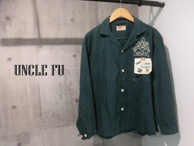 UNCLE FU アンクルフー STRIKE TURKEYチェーン刺繍 オープンカラーシャツ S/オーバーサイズ スエード調 半袖シャツ/緑 グリーン/メンズ