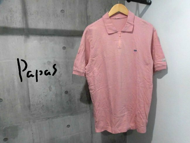 Papas パパス 星条旗エンブレム刺繍 ハーフジップ 半袖 ポロシャツ M/半袖シャツ/ピンク/メンズ/日本製