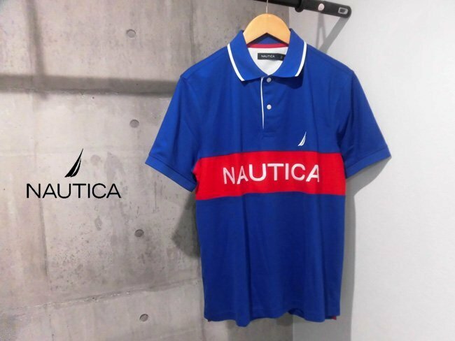 美品 NAUTICA ノーティカ ロゴ刺繍 半袖 ポロシャツ M/半袖シャツ/青 赤/メンズ