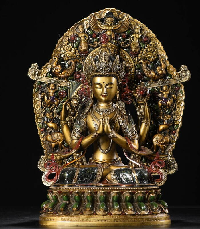 中國 清代 銅製 彩繪 四腕観音 仏像 仏教古美術 供養品 極細工 時代物 置物 古美術品 唐物 TWB168