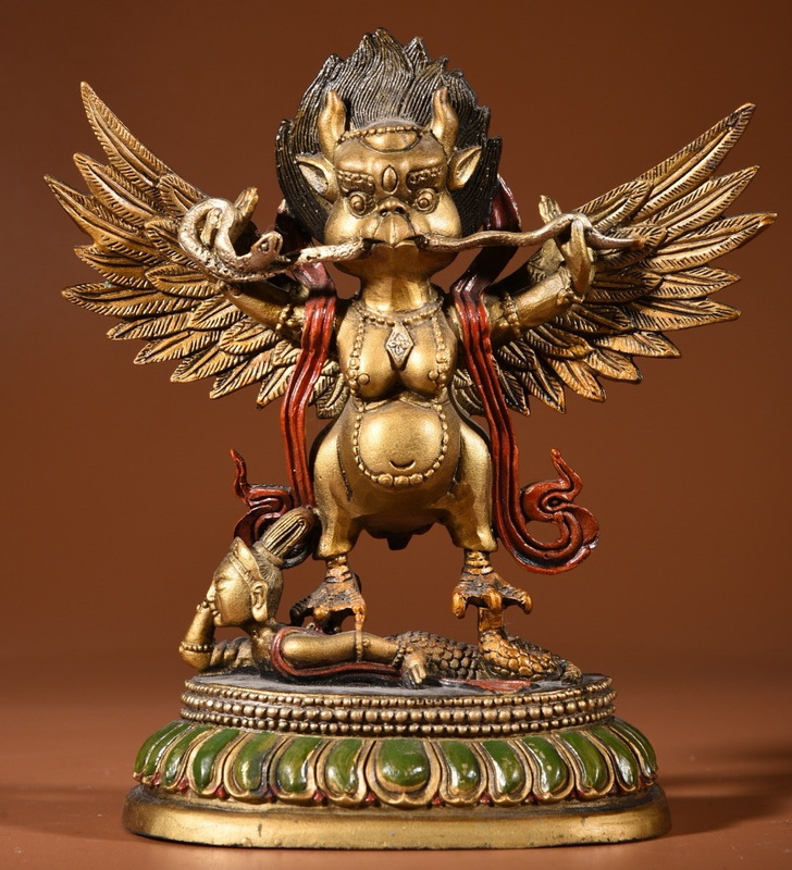 中國 清代 銅製 彩繪 大鵬金翅鳥 大日如来騎乗 仏教古美術 極細工 時代物 置物 古美術品 唐物 TWB204
