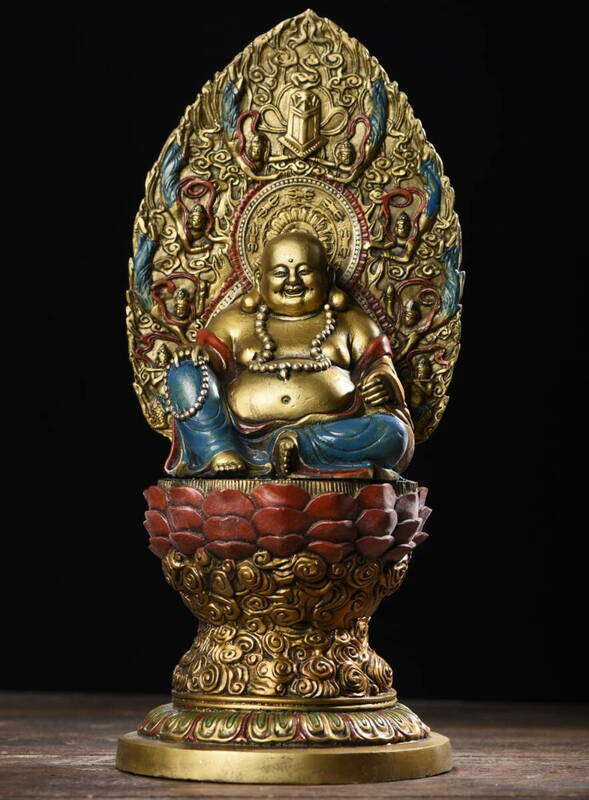 中國 明代 銅製 彩繪 弥勒仏 仏像 仏教古美術 供養品 極細工 時代物 置物 古美術品 唐物 TWB202