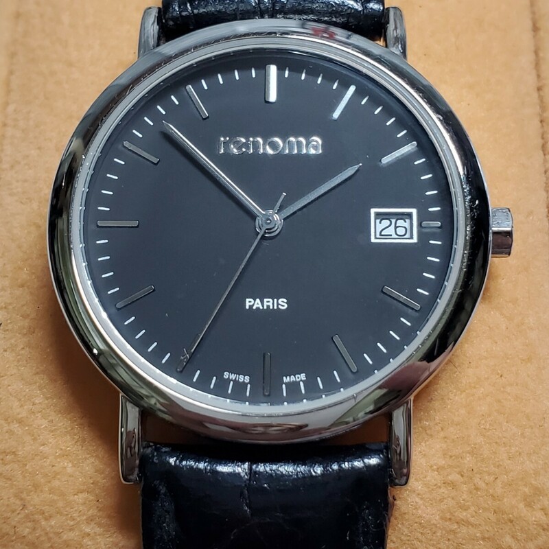 美品スイス製renomaレノマラウンドケース型デイトメンズ腕時計