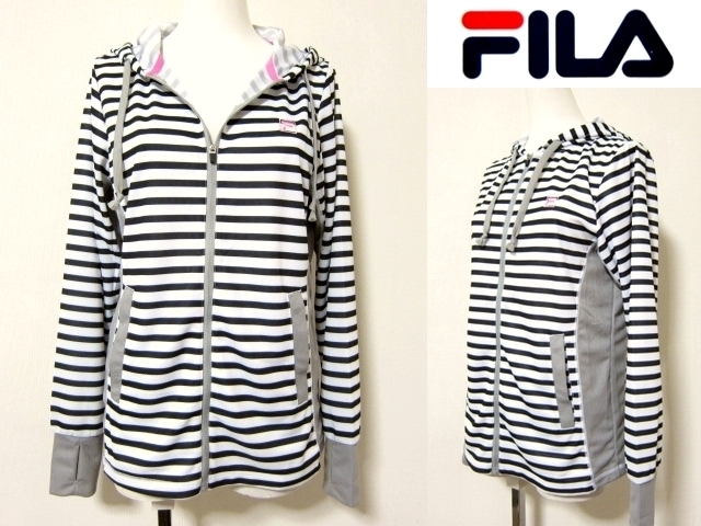 ☆送料込☆新品★FILA / レディース★UV対策パーカー★ＸＬ★スポーツウェア★ボーダー★ブラック×ホワイト×グレー