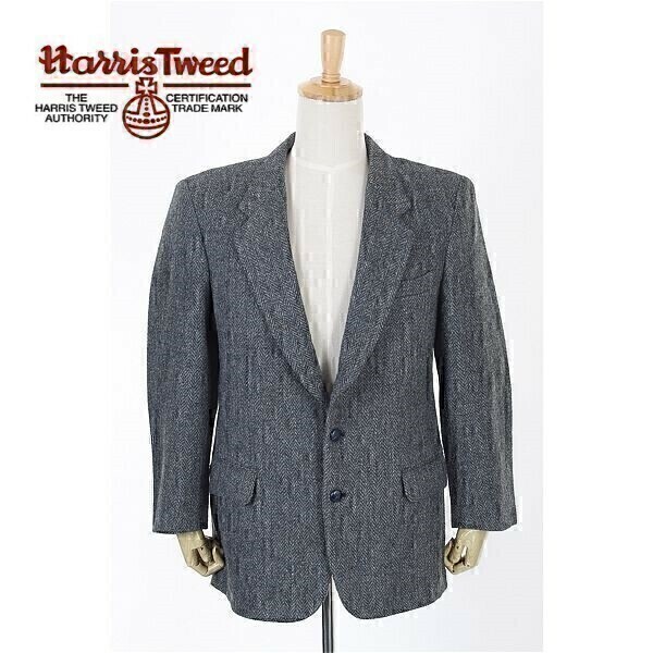 A5326/90s 秋冬 Harris Tweed ハリスツイード ヘリンボーン ウール エルボパッチ テーラード シングル2Bジャケット 46R 青/カナダ製 メンズ