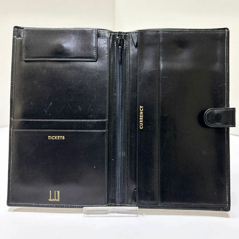 ◆dunhill ダンヒル 旅行財布◆　トラベルウォレット　二つ折り　本革　ロゴ刻印　小銭入れ有　ブラック【USED】0520A