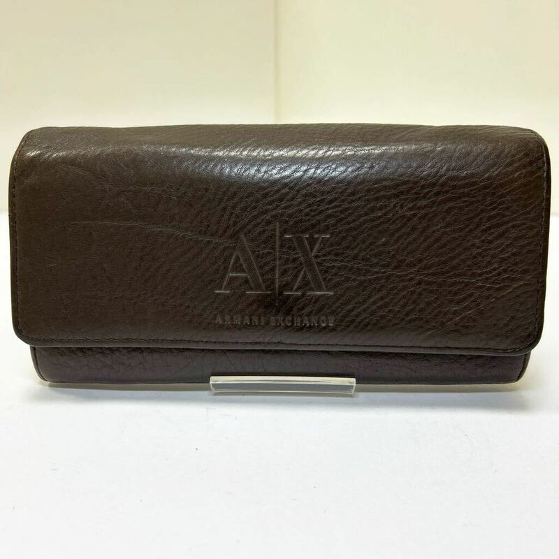 ◆ARMANI EXCHANGE アルマーニ エクスチェンジ AX　長財布◆　スナップ式　本革　ダークブラウン 【USED】0524