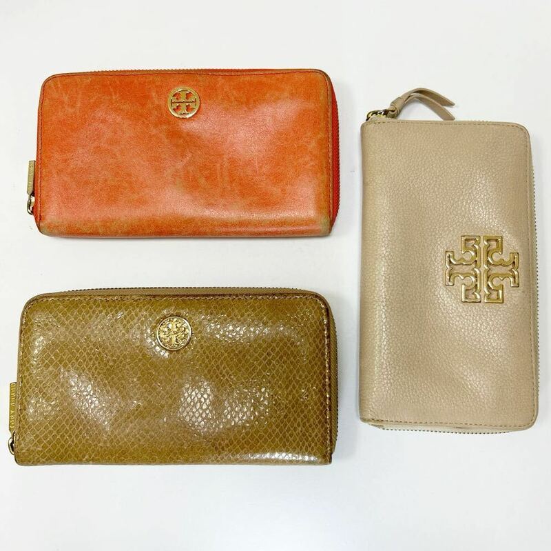 ◆TORY BURCH トリーバーチ 長財布 3点セット◆　ラウンドジップ　オレンジ＆キャメル＆ピンク系 【USED】0206A